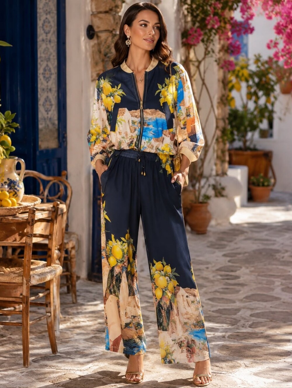 EL 15 Made In Italy Elegant Lemon-Print Navy Viscose Rayon Pants Set